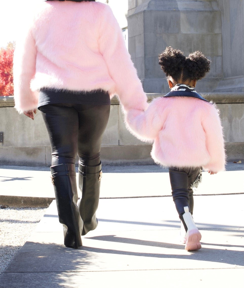 Girls Pink Faux Fur Moto Coat - Mommy & Me