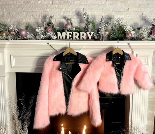 Women's Pink Faux Fur Moto Coat -  Mommy & Me