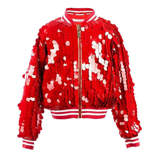 Red Sequin Fish Scale Bomber Jacket